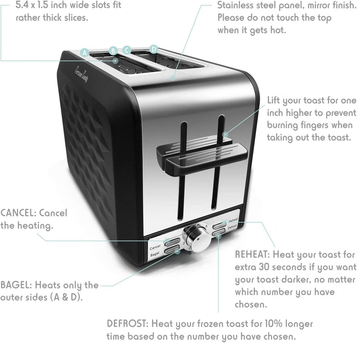 Fortune Candy 2-Slice Toaster, Stainless Steel, with Diamond Pattern, Black