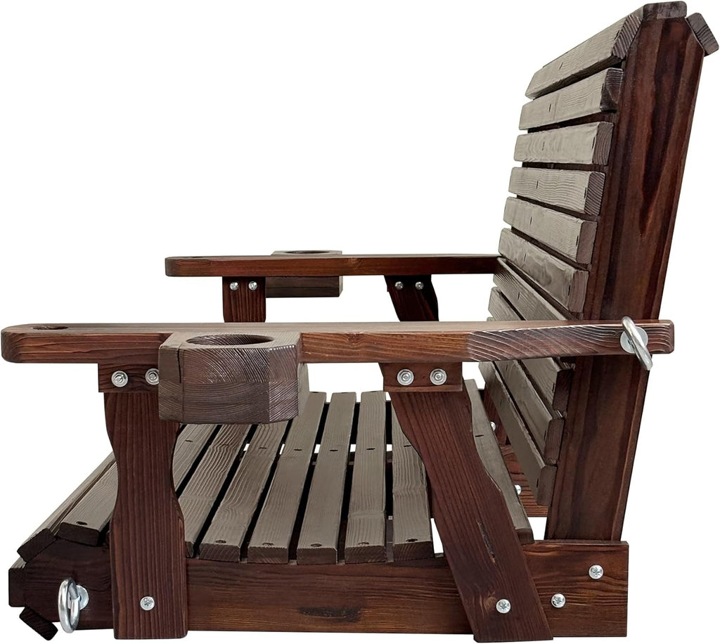 Wooden Porch Swing 2-Seater, High Backrest and Deep Seat, Bench Swing with Cupholders, Hanging Chains and 7mm Springs, Heavy Duty 880 LBS, for Outdoor Patio Garden (Deep Brown, 4 FT Extra Large)