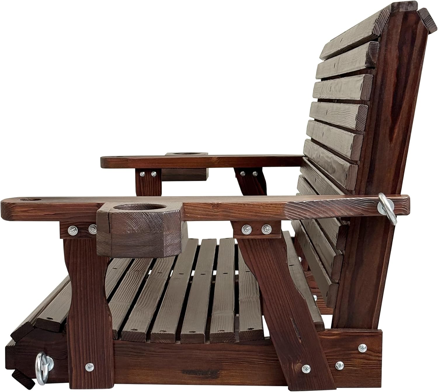 Wooden Porch Swing 2-Seater, High Backrest and Deep Seat, Bench Swing with Cupholders, Hanging Chains and 7mm Springs, Heavy Duty 880 LBS, for Outdoor Patio Garden (Deep Brown, 4 FT Extra Large)