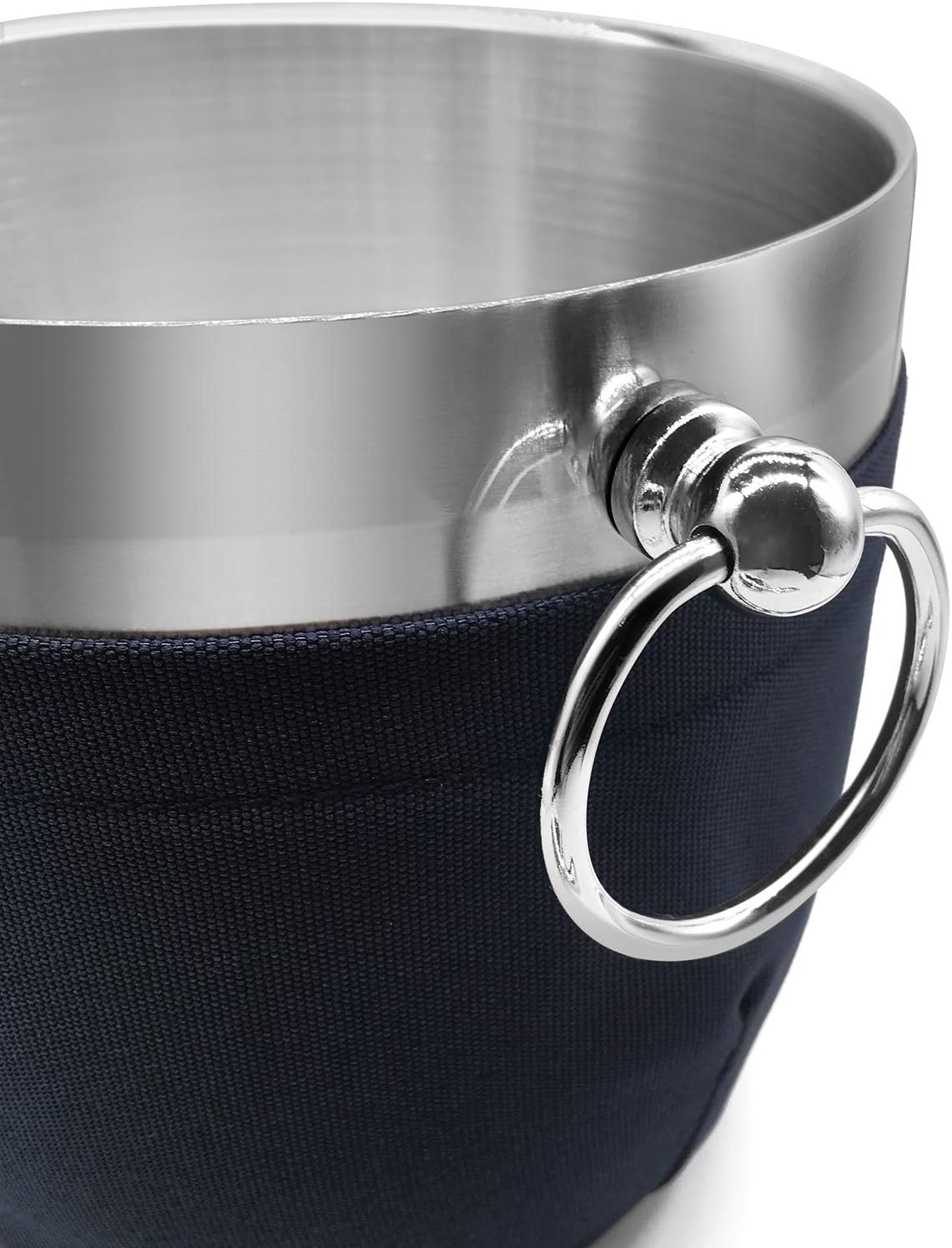 Fortune Candy Insulated Ice Bucket - Double Walled Stainless Steel Ice Bucket with Ice Tongs, Scoop, Lid, and Exclusive Handmade Nylon Holder - 2.8 L, Silver/Navy Blue