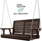 Wooden Porch Swing 2-Seater, High Backrest and Deep Seat, Bench Swing with Cupholders, Hanging Chains and 7mm Springs, Heavy Duty 880 LBS, for Outdoor Patio Garden (Deep Brown, 4 FT Extra Large)