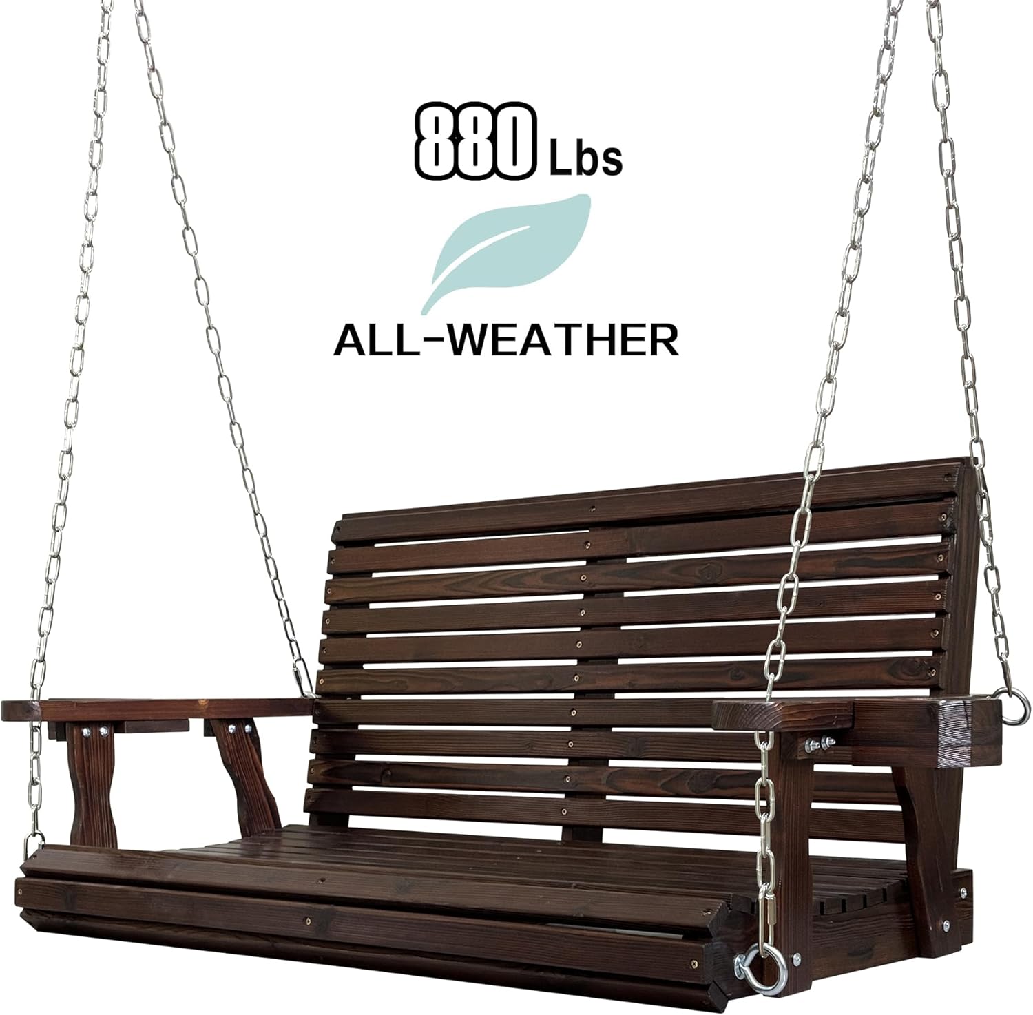 Wooden Porch Swing 2-Seater, High Backrest and Deep Seat, Bench Swing with Cupholders, Hanging Chains and 7mm Springs, Heavy Duty 880 LBS, for Outdoor Patio Garden (Deep Brown, 4 FT Extra Large)
