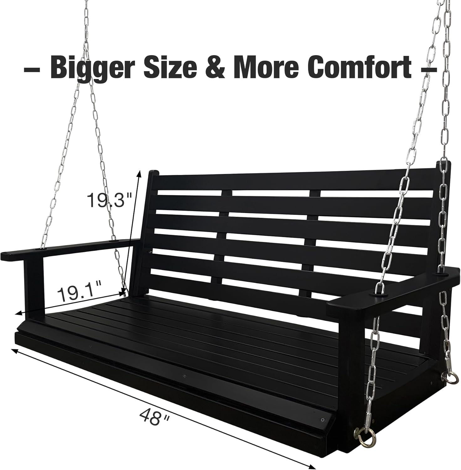 Wooden Porch Swing, Ergonomic Seat, Bench Swing with Hanging Chains and 7mm Springs, Heavy Duty 800 LBS, for Outdoor Patio Garden Yard (Black, 2-Seater Extra Large)