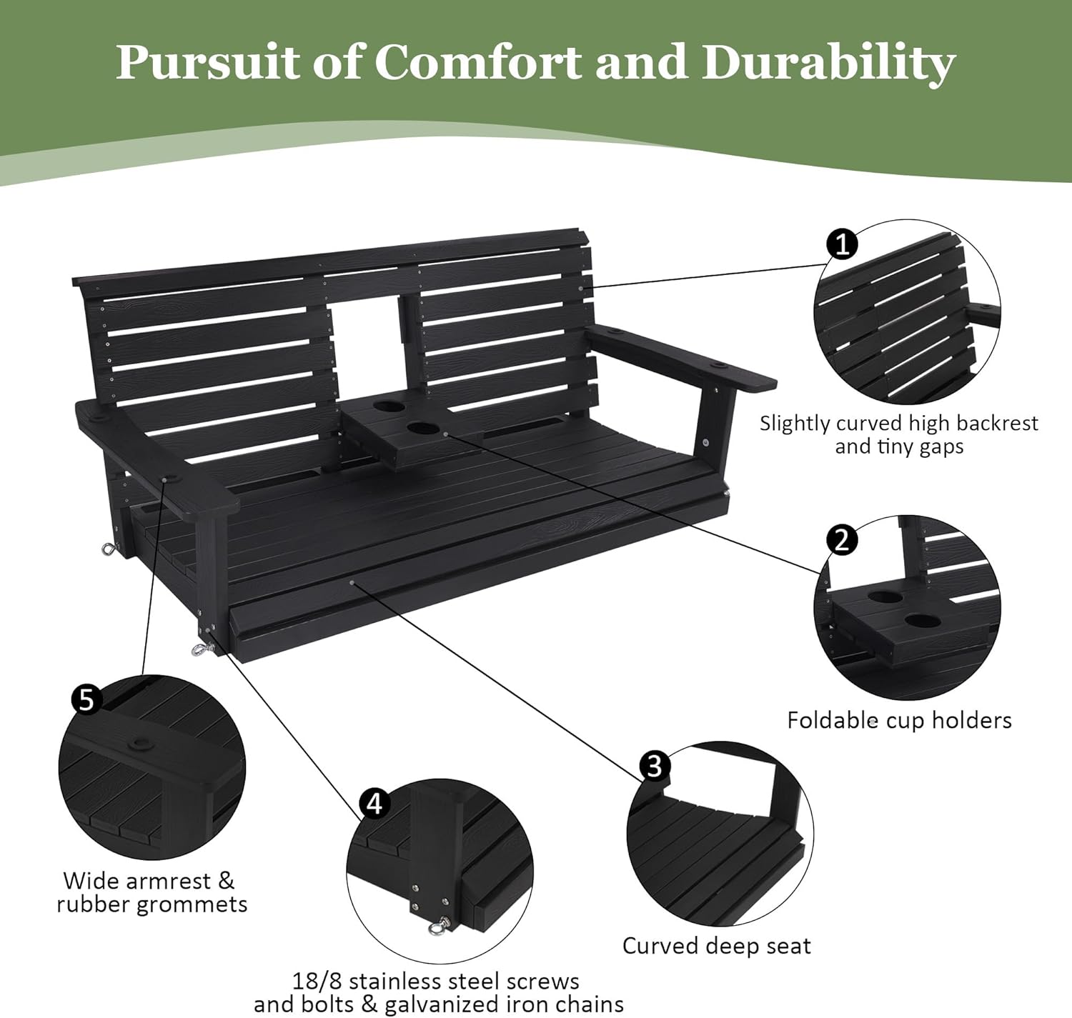 Poly Lumber 3-Seat Porch Swing, HIPS 5-Feet Bench Swing with Foldable Cup Holders,18/8 Stainless Steel Hardware, High Backrest and Deep Contoured Seat, Carbon Black