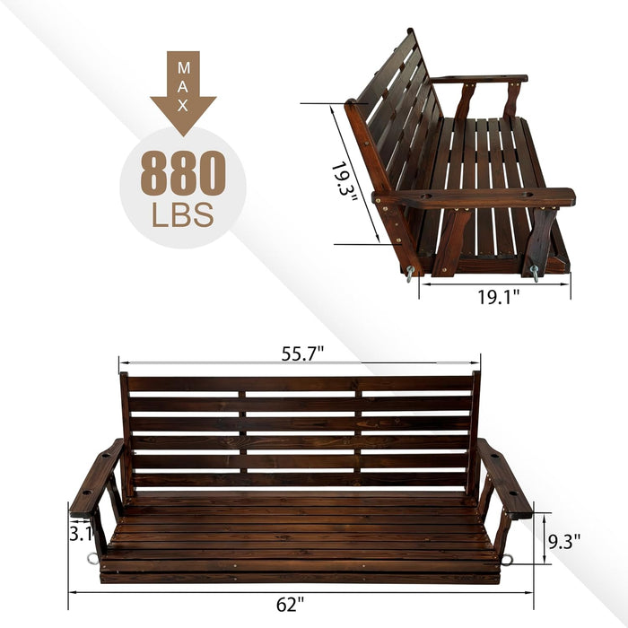 Wooden Porch Swing, Ergonomic Seat, Bench Swing with Hanging Chains and 7mm Springs, Heavy Duty 880 LBS, for Outdoor Patio Garden Yard (Deep Brown, 3-Seater Extra Large)