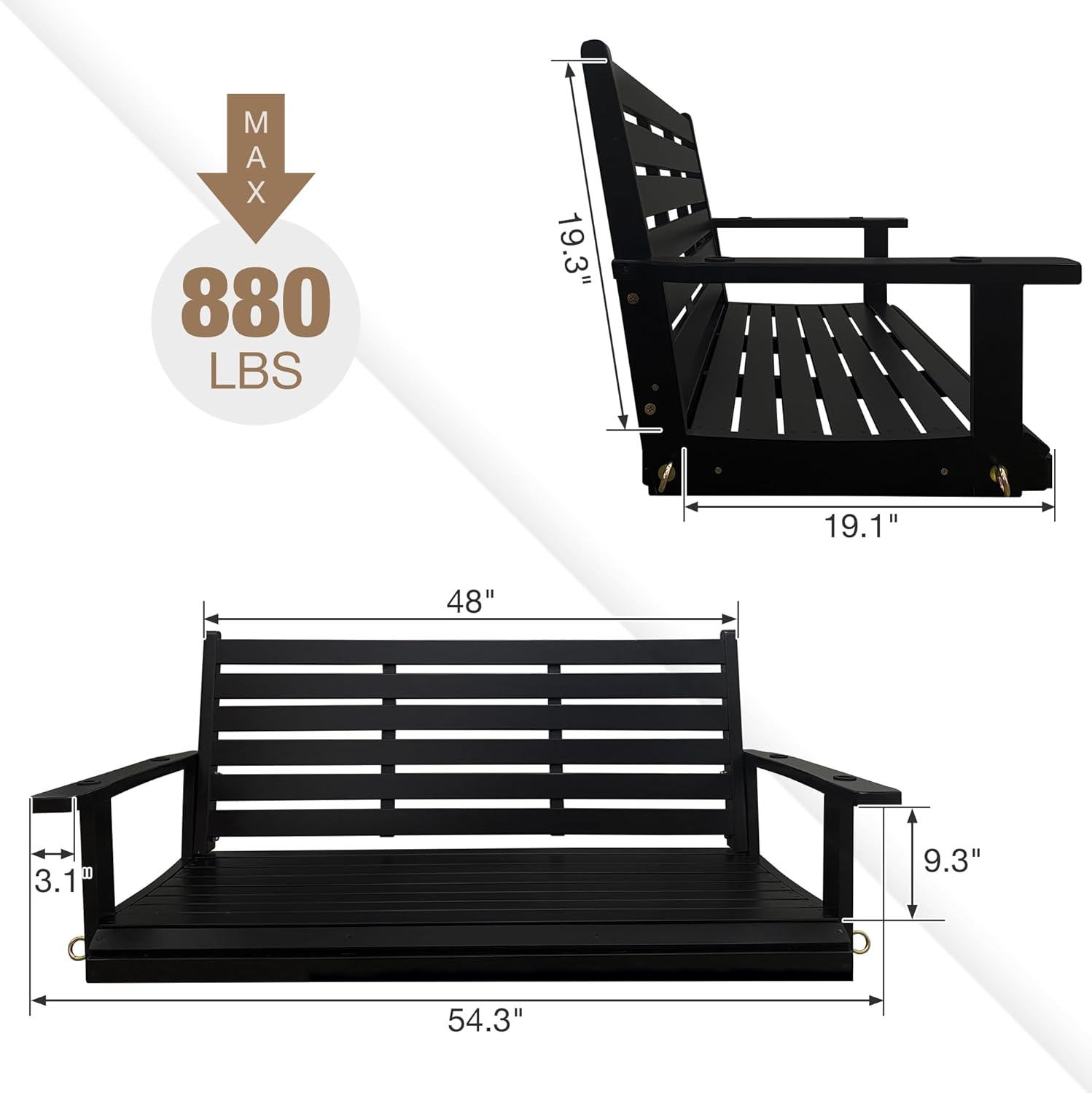 Wooden Porch Swing, Ergonomic Seat, Bench Swing with Hanging Chains and 7mm Springs, Heavy Duty 800 LBS, for Outdoor Patio Garden Yard (Black, 2-Seater Extra Large)