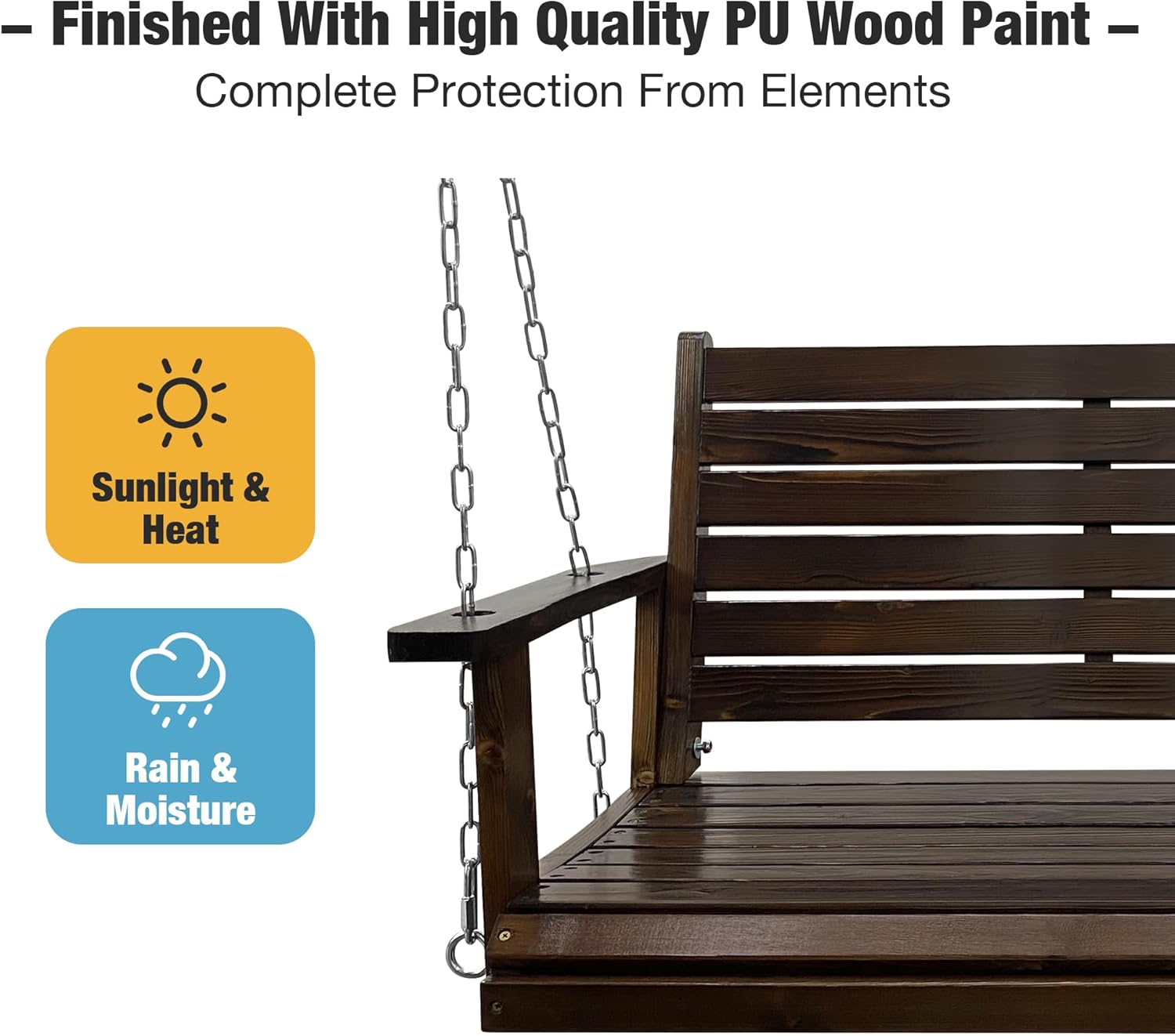 Wooden Porch Swing, Ergonomic Seat, Bench Swing with Hanging Chains and 7mm Springs, Heavy Duty 800 LBS, for Outdoor Patio Garden Yard (Deep Brown, 2-Seater Extra Large)