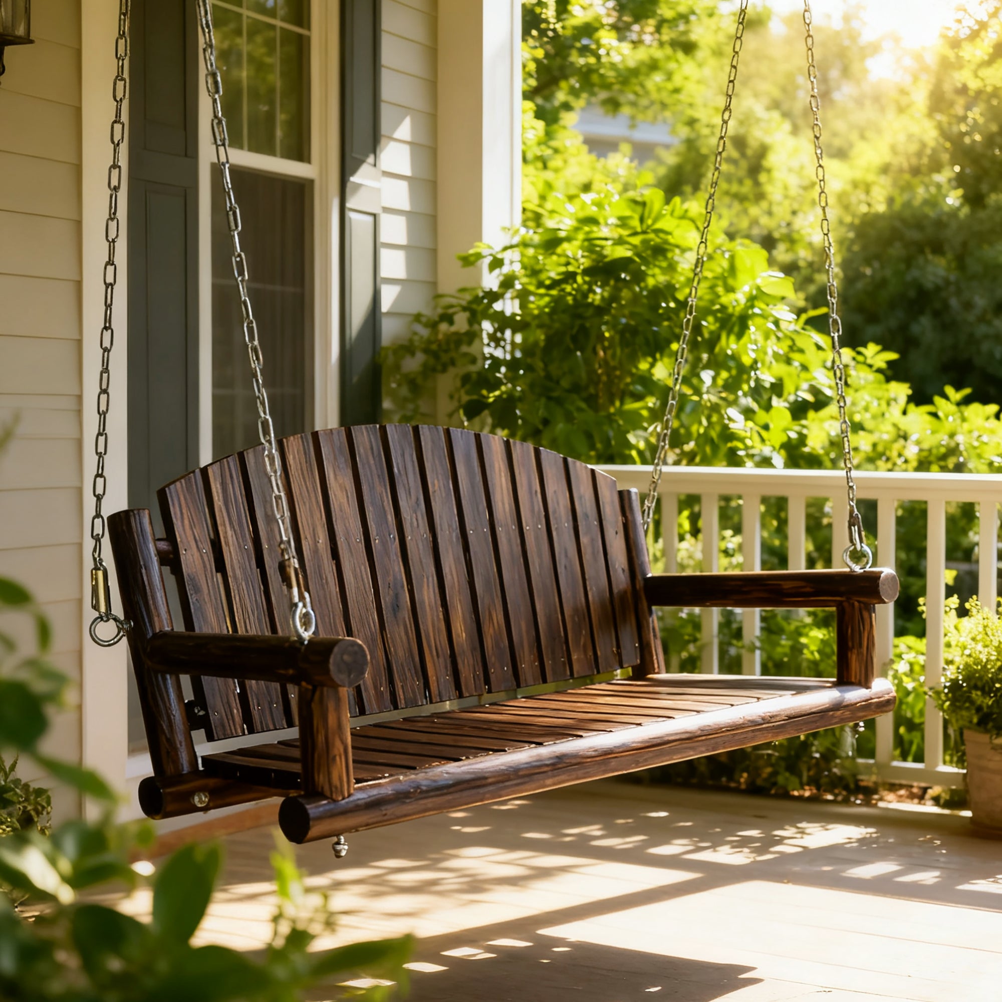 5FT Rustic Log Wooden Porch Swing, Heavy-Duty 900 LBS, Outdoor Hanging Bench for Patio, Garden, Yard – Solid Fir Wood, Handcrafted, Weather-Resistant Finish