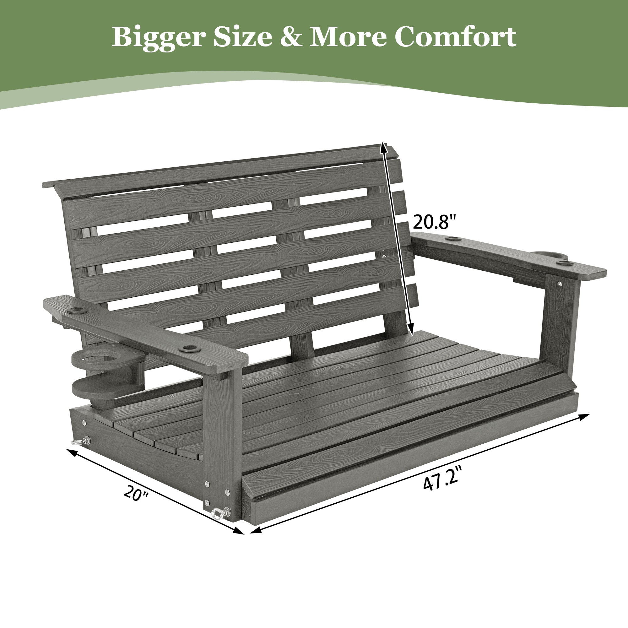 Poly Lumber 2-Seat Porch Swing, HIPS 4-Feet Bench Swing with Foldable Cup Holders,18/8 Stainless Steel Hardware, High Backrest and Deep Contoured Seat (Gray, 4-feet)