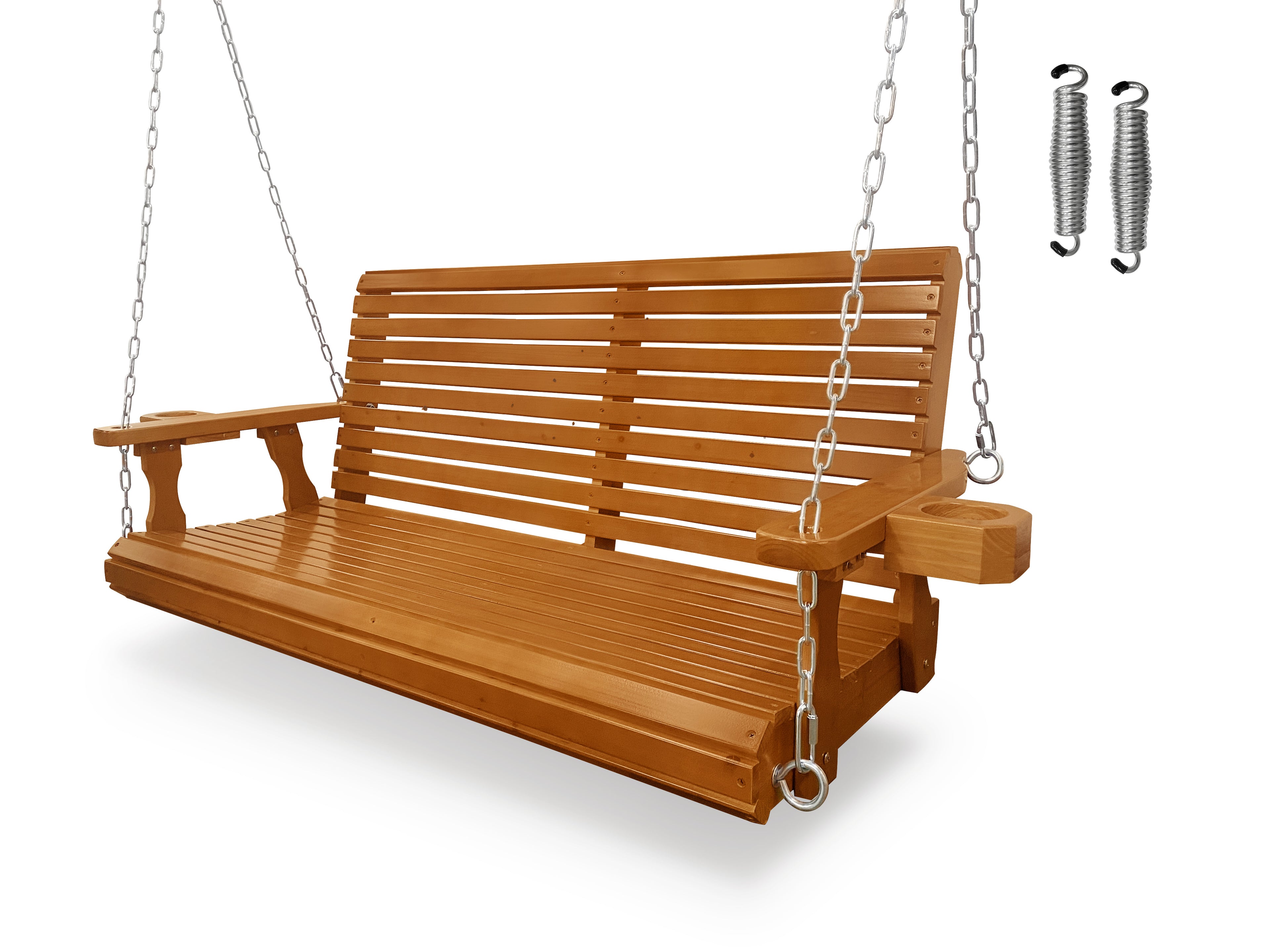 Wooden Porch Swing 2-Seater, High Backrest and Deep Seat, Bench Swing with Cupholders, Hanging Chains and 7mm Springs, Heavy Duty 880 LBS, for Outdoor Patio Garden (Warm Teak Color, 4.5 feet Extra-Large)