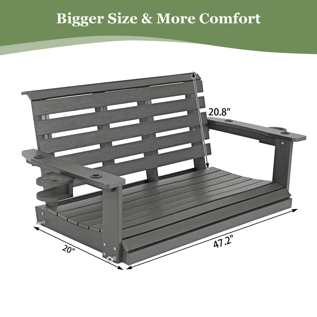 Poly Lumber 2-Seat Porch Swing, HIPS 4-Feet Bench Swing with Foldable Cup Holders,18/8 Stainless Steel Hardware, High Backrest and Deep Contoured Seat (Gray, 4-feet)