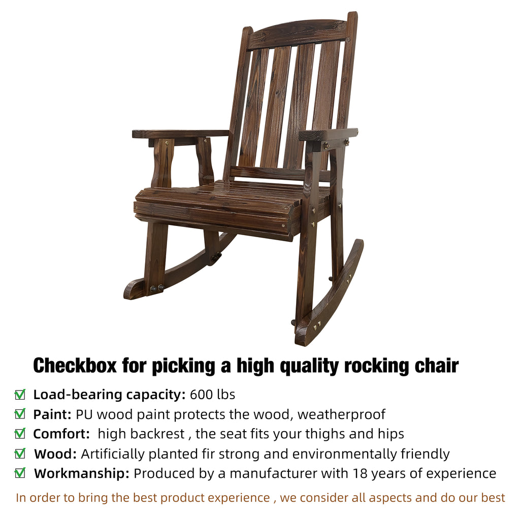 Wooden Patio Rocking Chair with Comfortable Backrest Inclination, High Backrest and Deep Contoured Seat, Solid Fir Wood, Heavy Duty 600 LBS, for Both Outdoor and Indoor (Deep Brown - 2 Pieces)