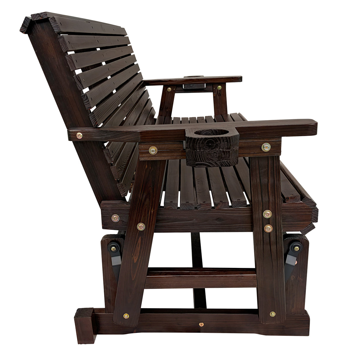 Patio Glider with Cup Holders, High Roll Back and Deep Contoured Seat, Heavy Duty 880 Lb (Rustic, 3-Seater)