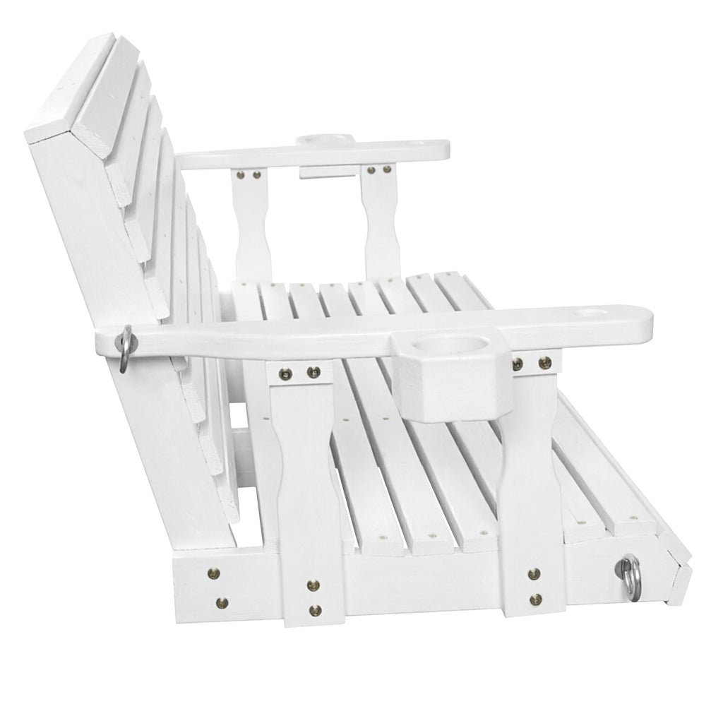Fortune Candy Extended 3-Seater Wooden Porch Swing with Seat Cushion, Cup Holders, Hanging Chains and 7mm Springs, Heavy Duty 880 LBS (White, 5.5 FT)