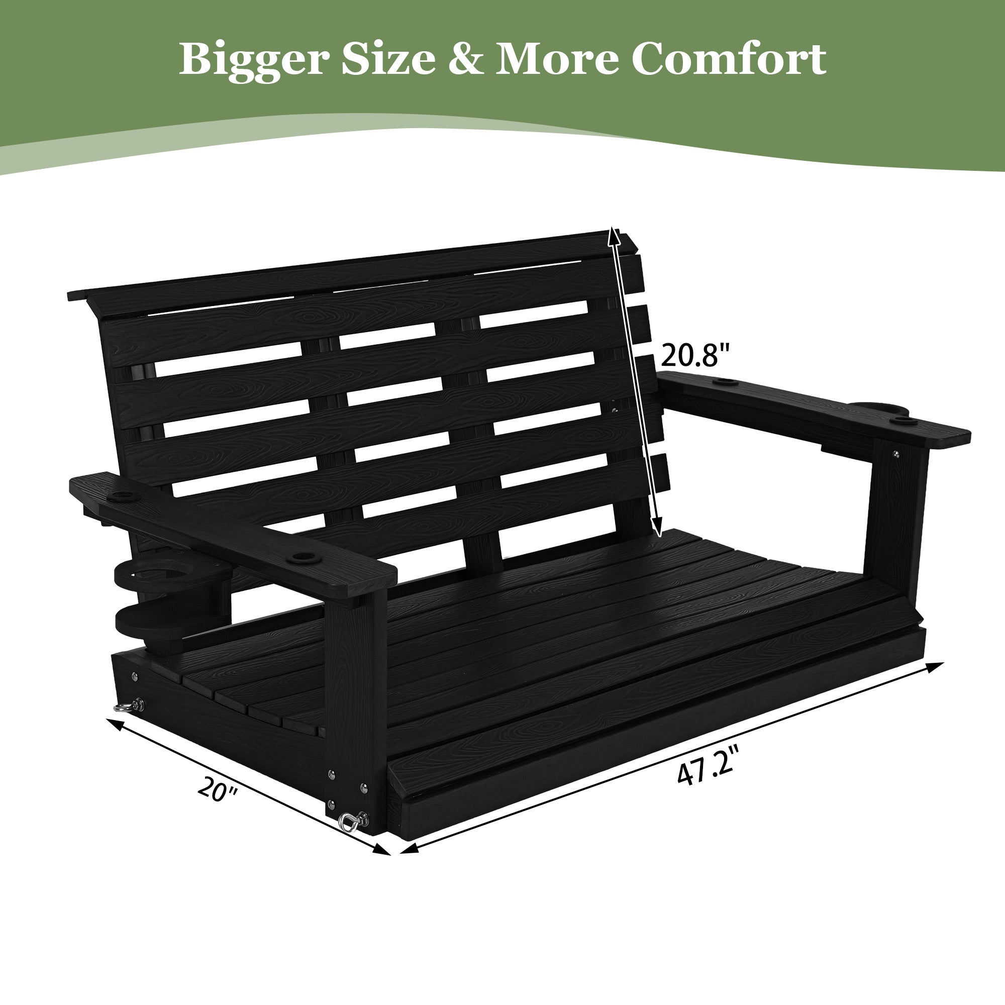 Poly Lumber 2-Seat Porch Swing, HIPS 4-Feet Bench Swing with Foldable Cup Holders,18/8 Stainless Steel Hardware, High Backrest and Deep Contoured Seat (Carbon Black, 4-feet)