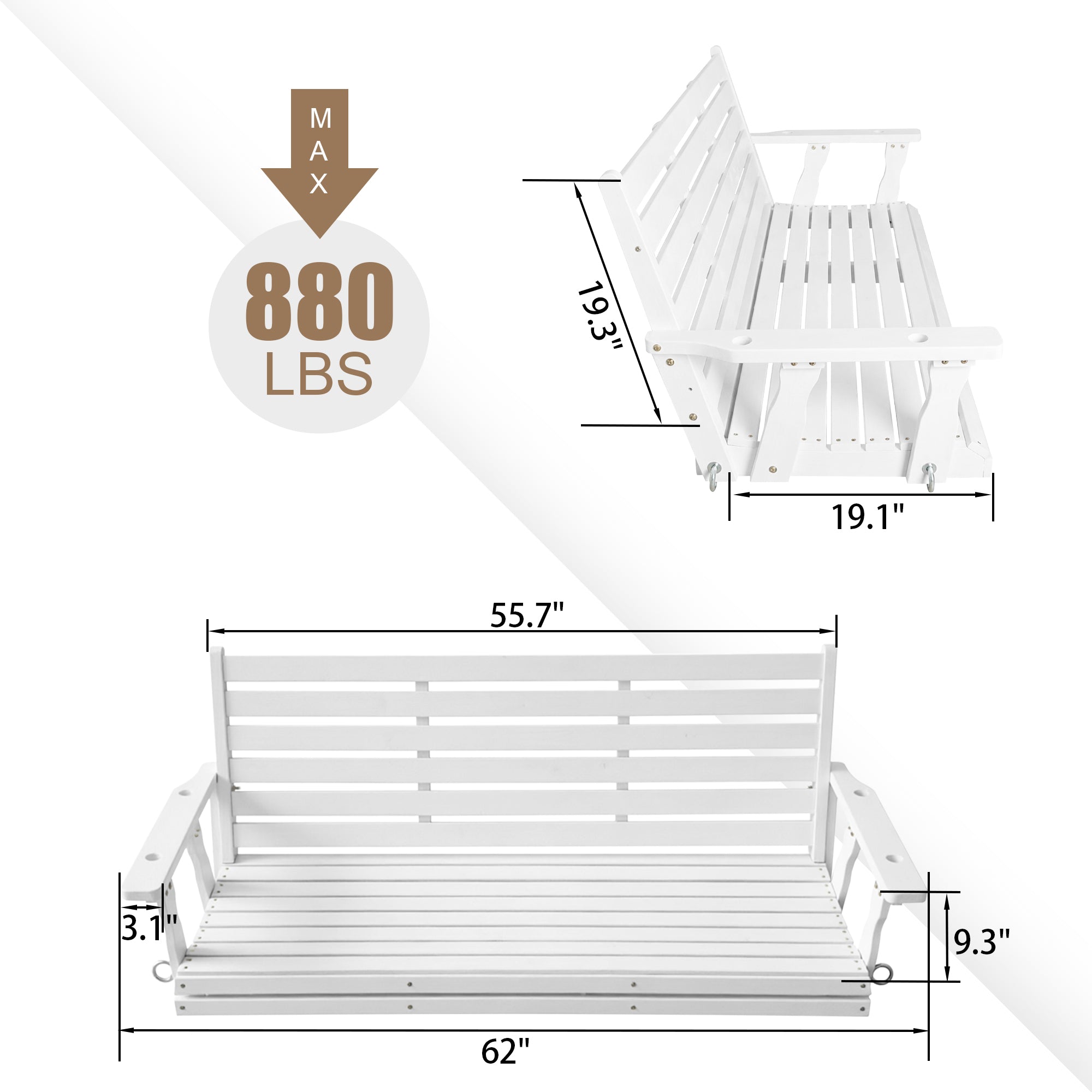 Wooden Porch Swing, Ergonomic Seat, Bench Swing with Hanging Chains and 7mm Springs, Heavy Duty 800 LBS, for Outdoor Patio Garden Yard (White, 3-Seater Extra Large)