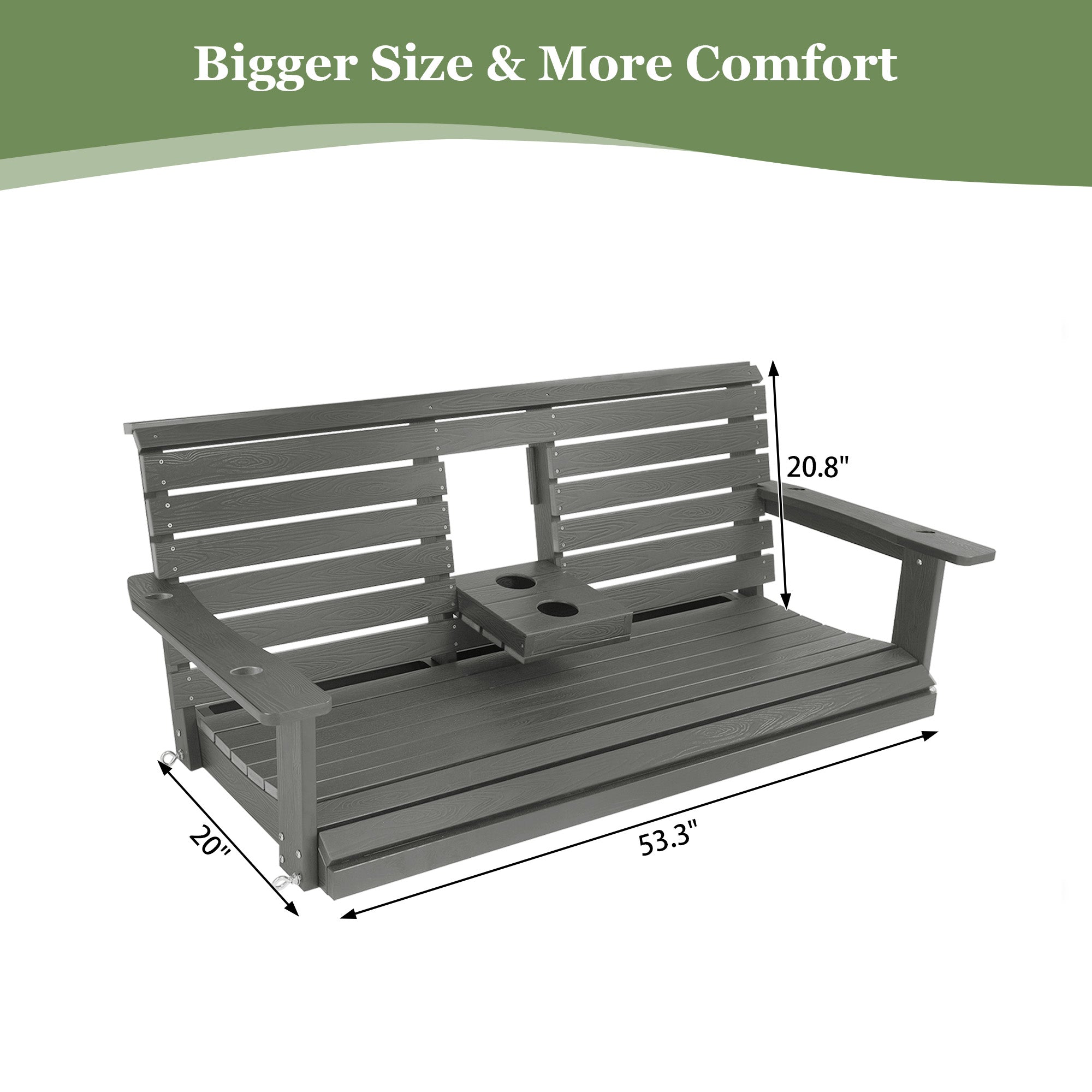 Poly Lumber 3-Seat Porch Swing, HIPS 5-Feet Bench Swing with Foldable Cup Holders,18/8 Stainless Steel Hardware, High Backrest and Deep Contoured Seat (Gray, 5-feet)