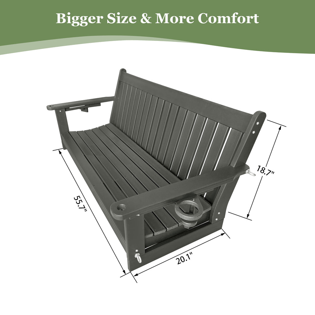 HDPE 3-Seater Porch Swing, 5-Feet Bench Swing with Foldable Cup Holders,18/8 Stainless Steel Hardware, High Backrest and Deep Contoured Seat (Gray, 5-feet)