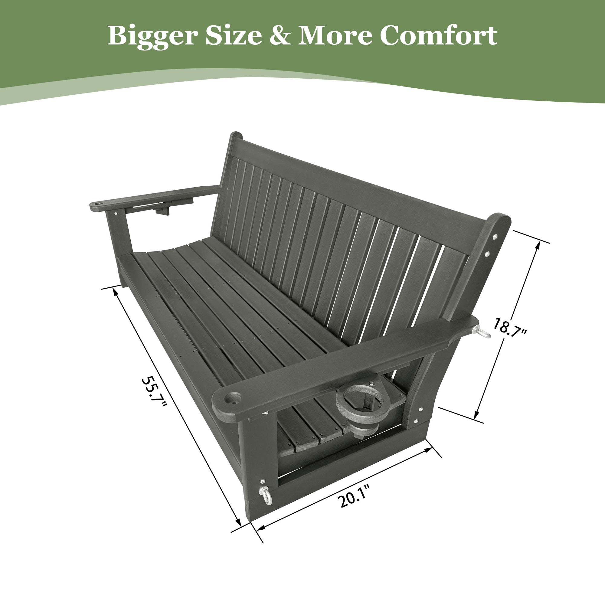 HDPE 3-Seater Porch Swing, 5-Feet Bench Swing with Foldable Cup Holders,18/8 Stainless Steel Hardware, High Backrest and Deep Contoured Seat (Gray, 5-feet)