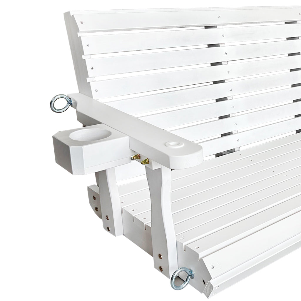 Wooden Porch Swing 3-Seater, High Backrest and Deep Seat, Bench Swing with Cupholders, Hanging Chains and 7mm Springs, Heavy Duty 880 LBS, for Outdoor Patio Garden (Pure White, 5 FT Extra Large)