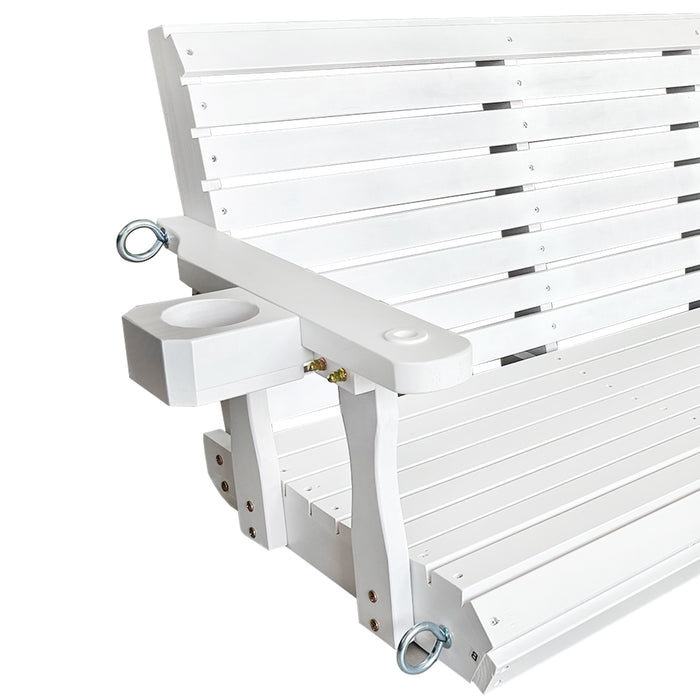 Wooden Porch Swing 3-Seater, High Backrest and Deep Seat, Bench Swing with Cupholders, Hanging Chains and 7mm Springs, Heavy Duty 880 LBS, for Outdoor Patio Garden (Pure White, 5 FT Extra Large)