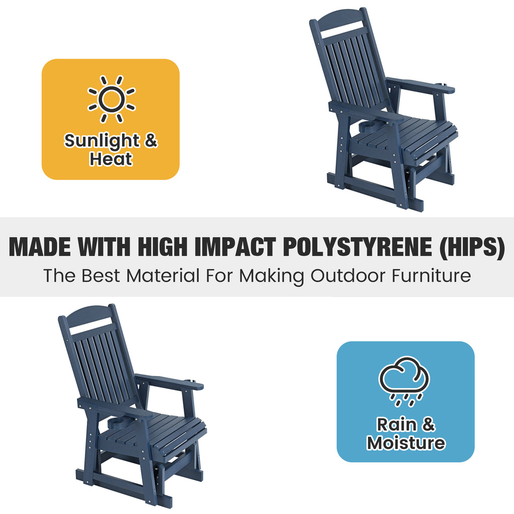 Poly Lumber Patio Glider for One Person, with Cup Holders, High Backrest and Deep Contoured Seat, HIPS Material, All-Weather Resistant, Heavy Duty 700 LBS (Navy Blue)