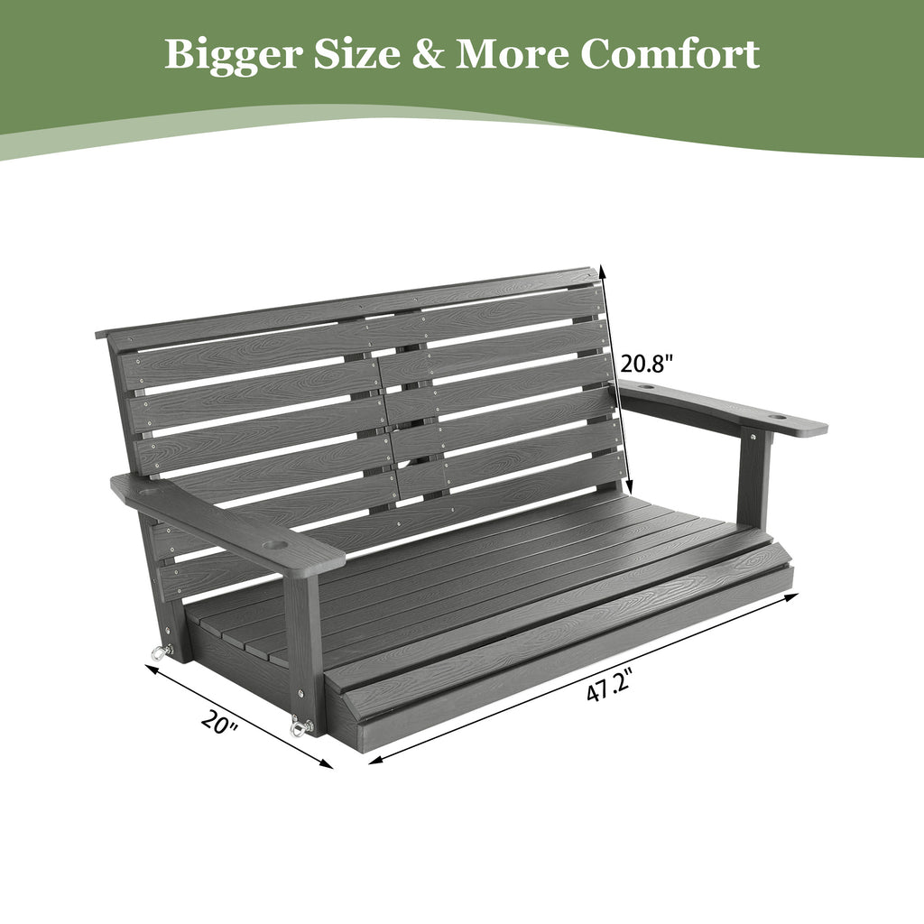Poly Lumber 2-Seat Porch Swing, HIPS 4.5-Feet Bench Swing with Foldable Cup Holders,18/8 Stainless Steel Hardware, High Backrest and Deep Contoured Seat (Gray, 4.5-feet)