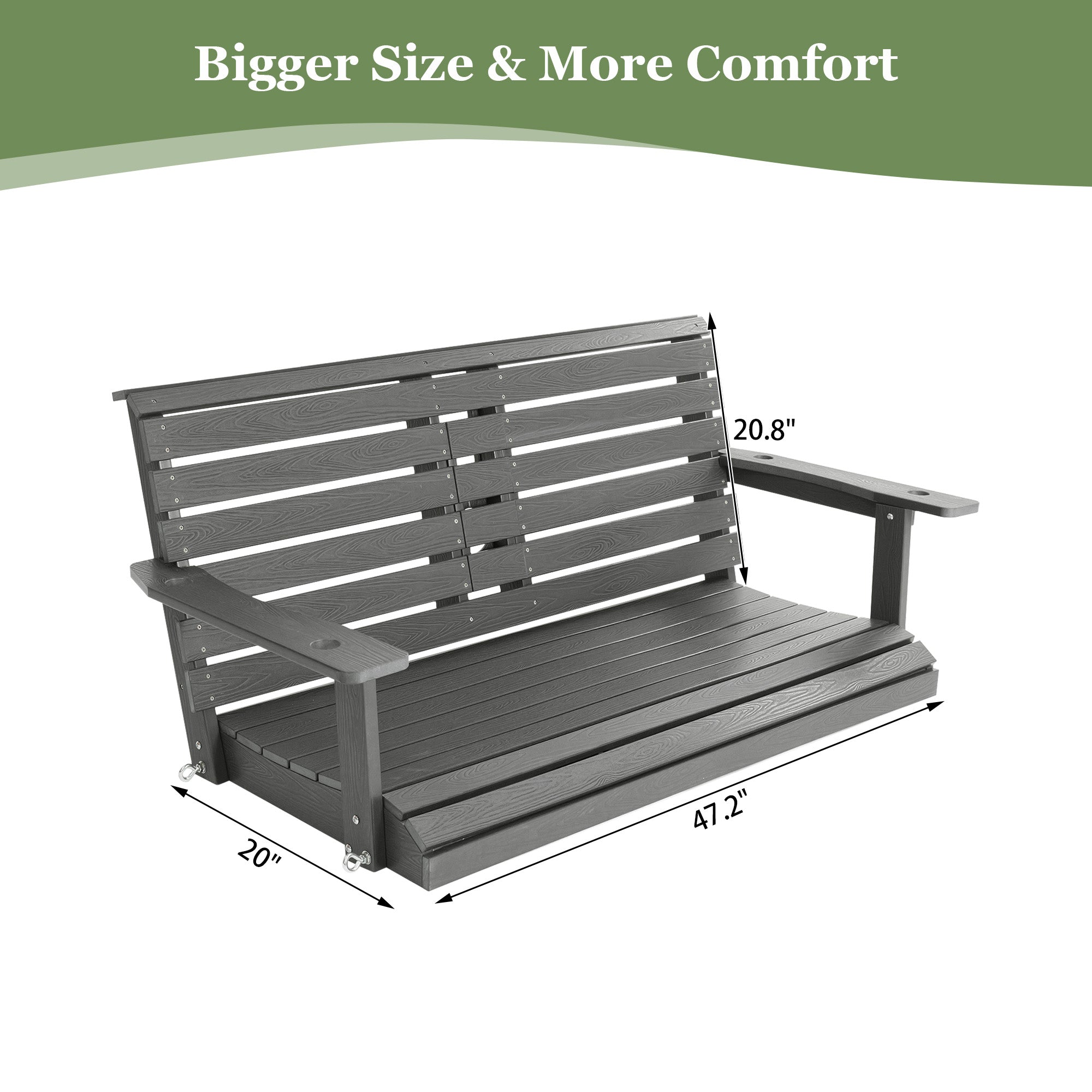 Poly Lumber 2-Seat Porch Swing, HIPS 4.5-Feet Bench Swing with Foldable Cup Holders,18/8 Stainless Steel Hardware, High Backrest and Deep Contoured Seat (Gray, 4.5-feet)