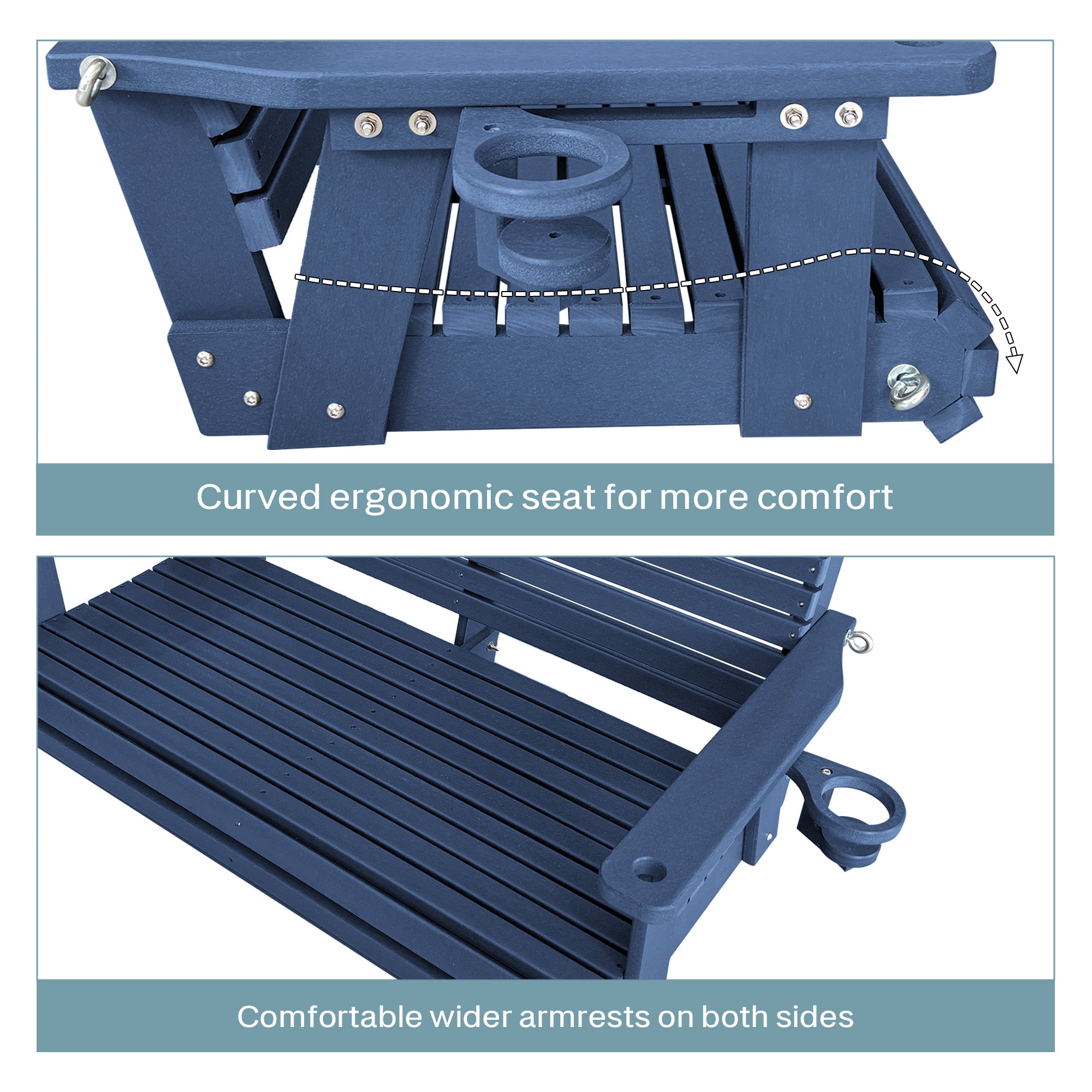 HDPE Porch Swing with 18/8 Stainless Steel Bolts, Ergonomic Design, Ultra Weather-Resistant, Heavy Duty 1200 LBS, for Outdoor Patio Garden Yard（Navy Blue）