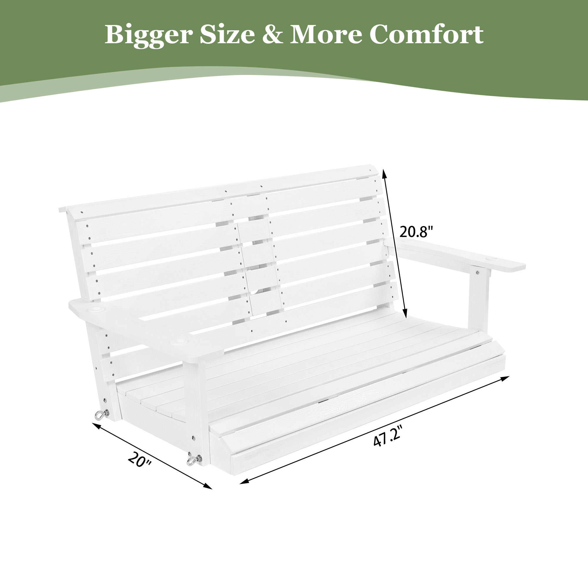 Poly Lumber 2-Seat Porch Swing, HIPS 4.5-Feet Bench Swing with Foldable Cup Holders,18/8 Stainless Steel Hardware, High Backrest and Deep Contoured Seat (Snow White, 4.5-feet)