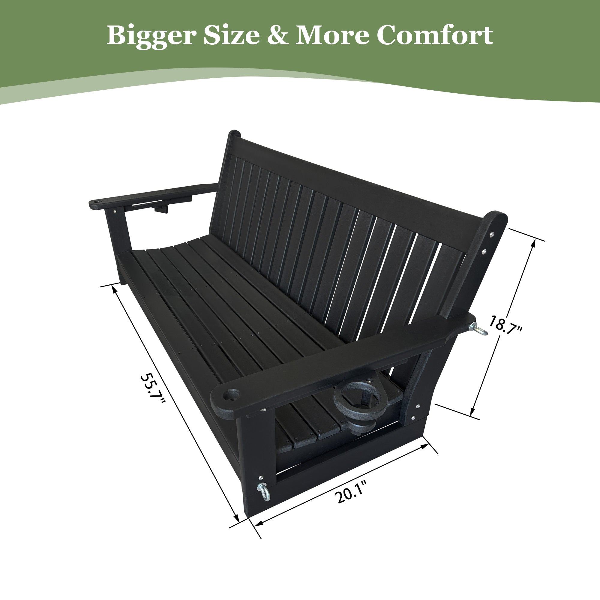 HDPE 3-Seater Porch Swing, 5-Feet Bench Swing with Foldable Cup Holders,18/8 Stainless Steel Hardware, High Backrest and Deep Contoured Seat (Black, 5-feet)