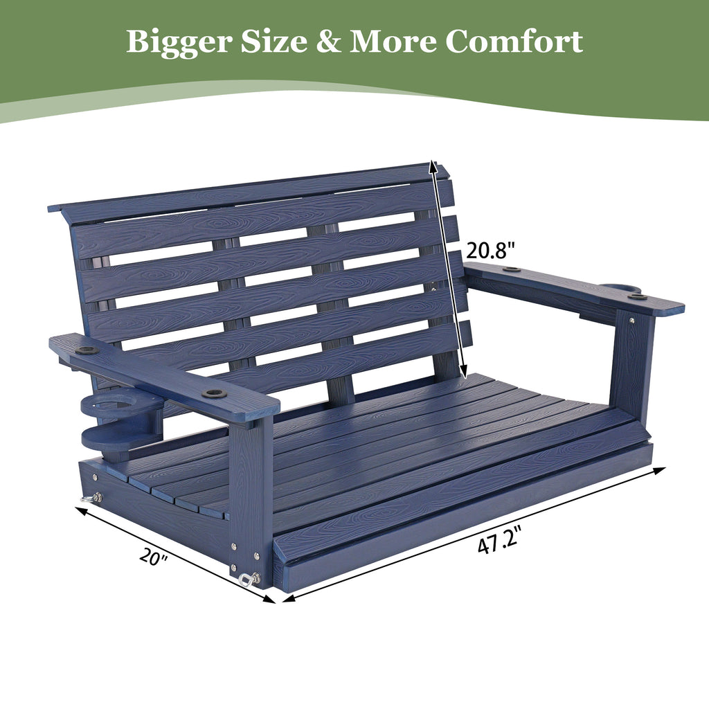 Poly Lumber 2-Seat Porch Swing, HIPS 4-Feet Bench Swing with Foldable Cup Holders,18/8 Stainless Steel Hardware, High Backrest and Deep Contoured Seat (Navy Blue, 4-feet)