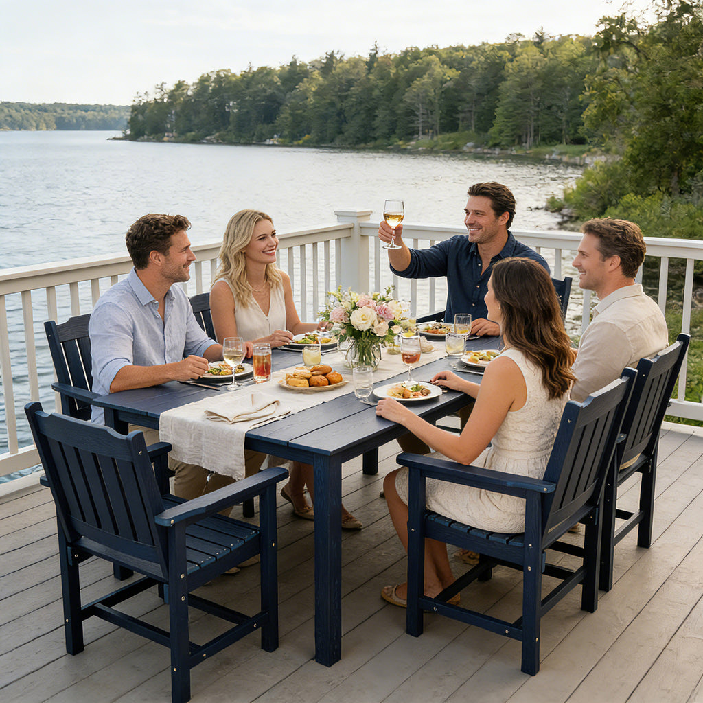 Modern HDPE Patio Dining Set, Poly Lumber Table and Chair, with Umbrella Hole, Weather Resistant, for Outdoor, Yard, Lawn (7 Piece,Navy Blue)