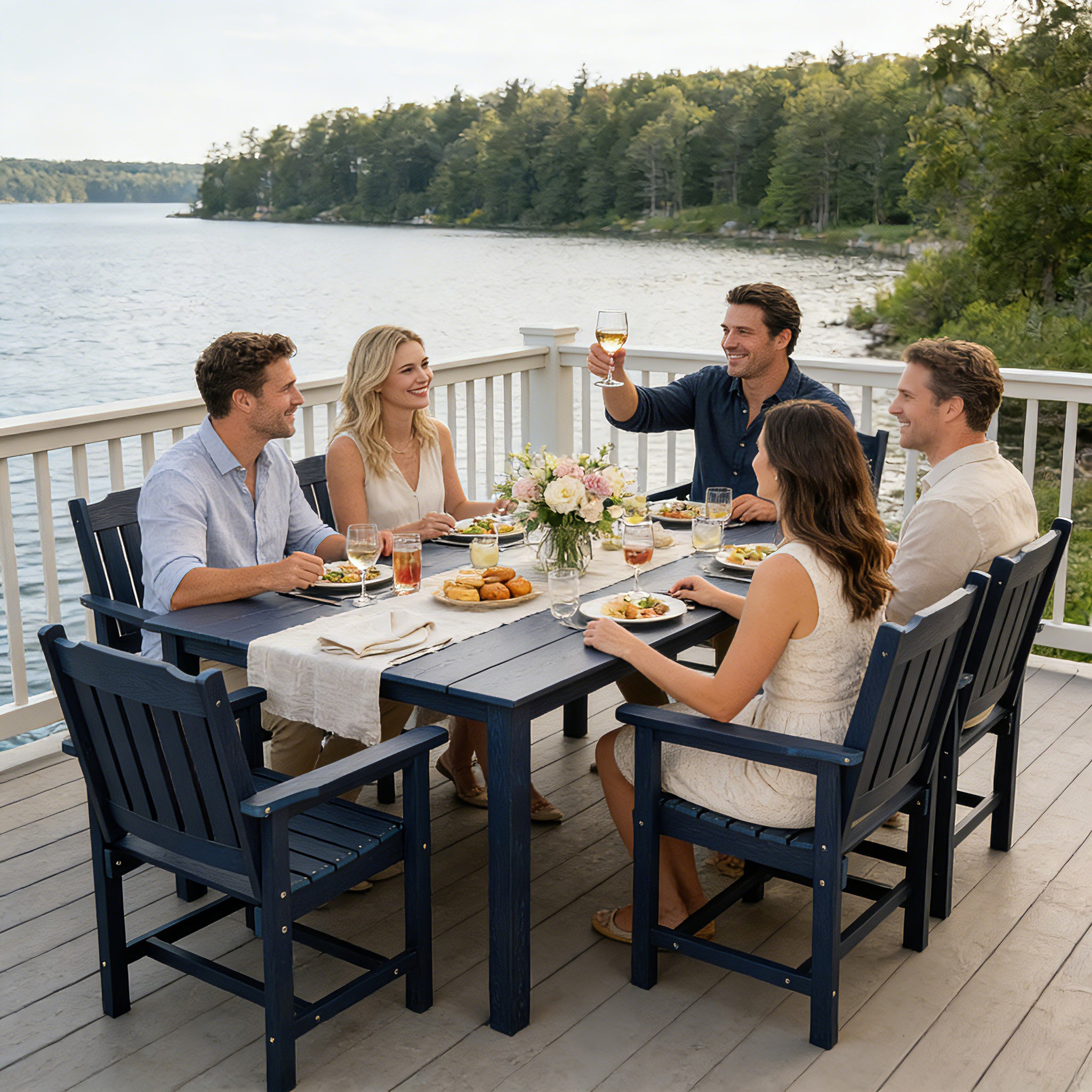 Modern HDPE Patio Dining Set, Poly Lumber Table and Chair, with Umbrella Hole, Weather Resistant, for Outdoor, Yard, Lawn (7 Piece,Navy Blue)
