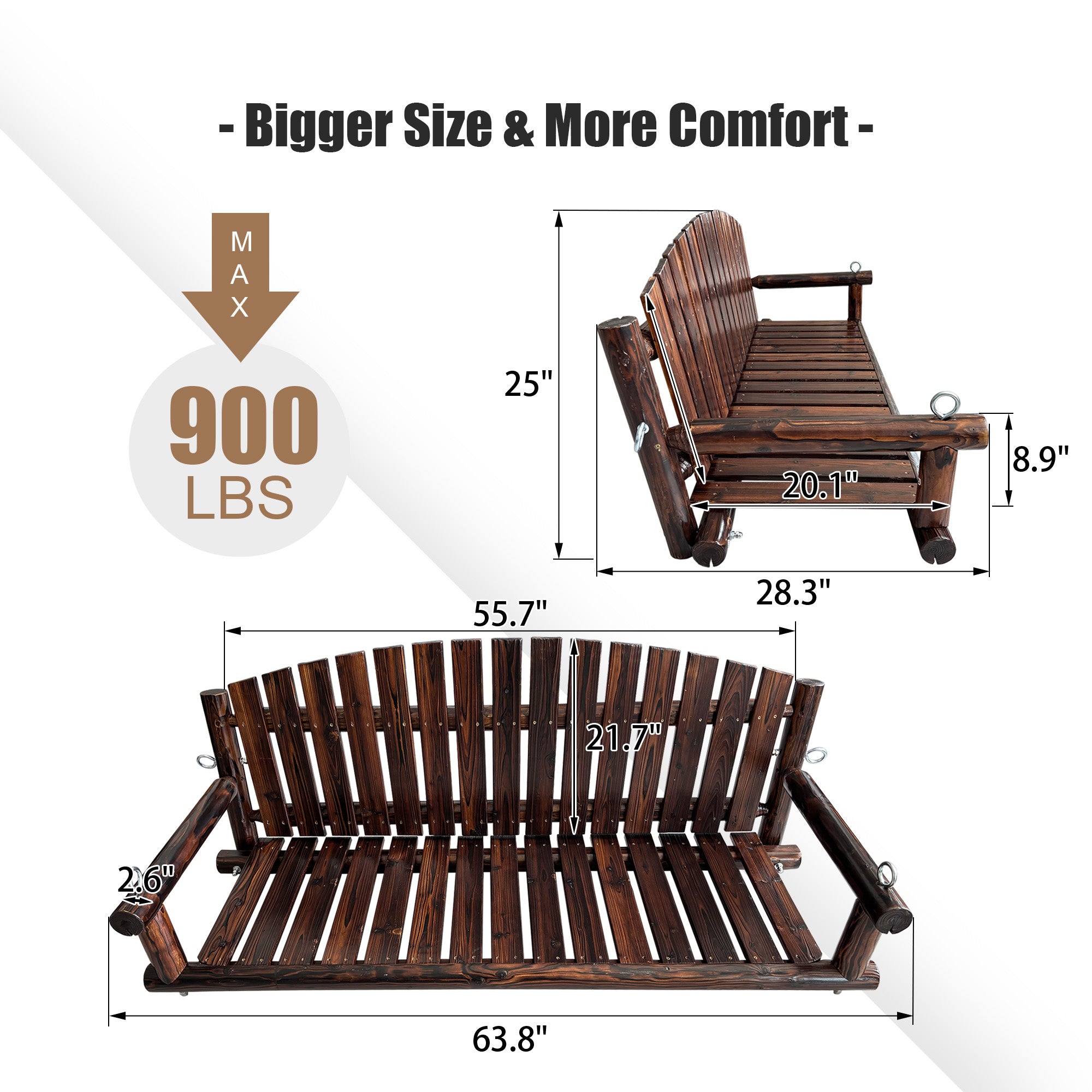 5FT Rustic Log Wooden Porch Swing, Heavy-Duty 900 LBS, Outdoor Hanging Bench for Patio, Garden, Yard – Solid Fir Wood, Handcrafted, Weather-Resistant Finish