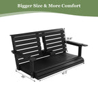 Poly Lumber 3-Seat Porch Swing, HIPS 5-Feet Bench Swing with Foldable Cup Holders,18/8 Stainless Steel Hardware, High Backrest and Deep Contoured Seat (Carbon Black, 4.5-feet)