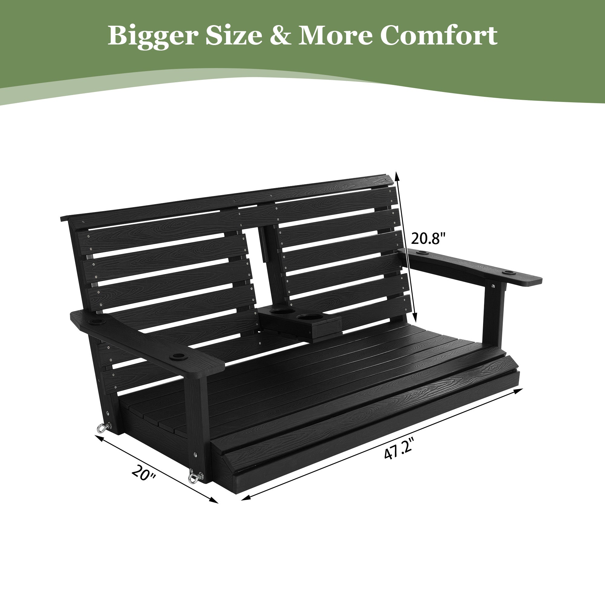 Poly Lumber 3-Seat Porch Swing, HIPS 5-Feet Bench Swing with Foldable Cup Holders,18/8 Stainless Steel Hardware, High Backrest and Deep Contoured Seat (Carbon Black, 4.5-feet)