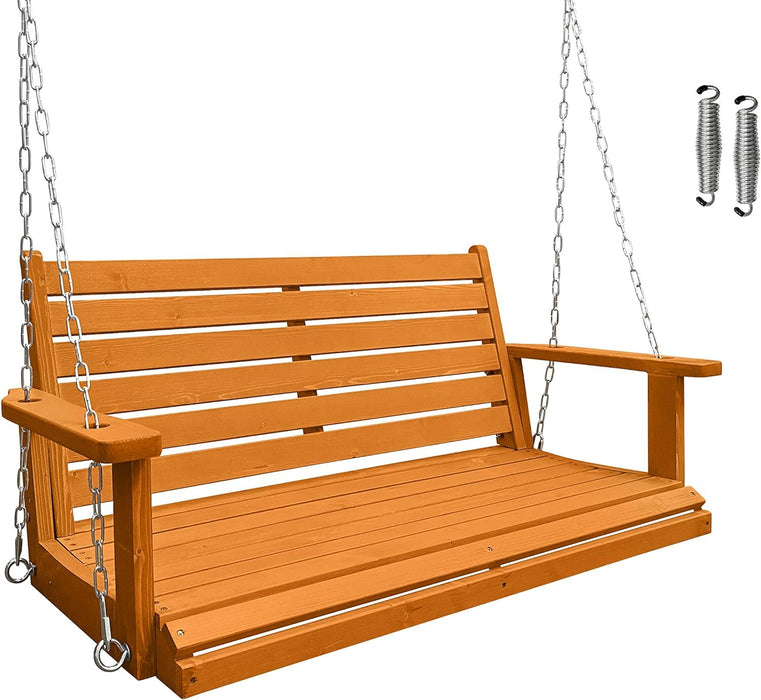 Wooden Porch Swing, Ergonomic Seat, Bench Swing with Hanging Chains and 7mm Springs, Heavy Duty 800 LBS, for Outdoor Patio Garden Yard (Amber Tone, 2-Seater)