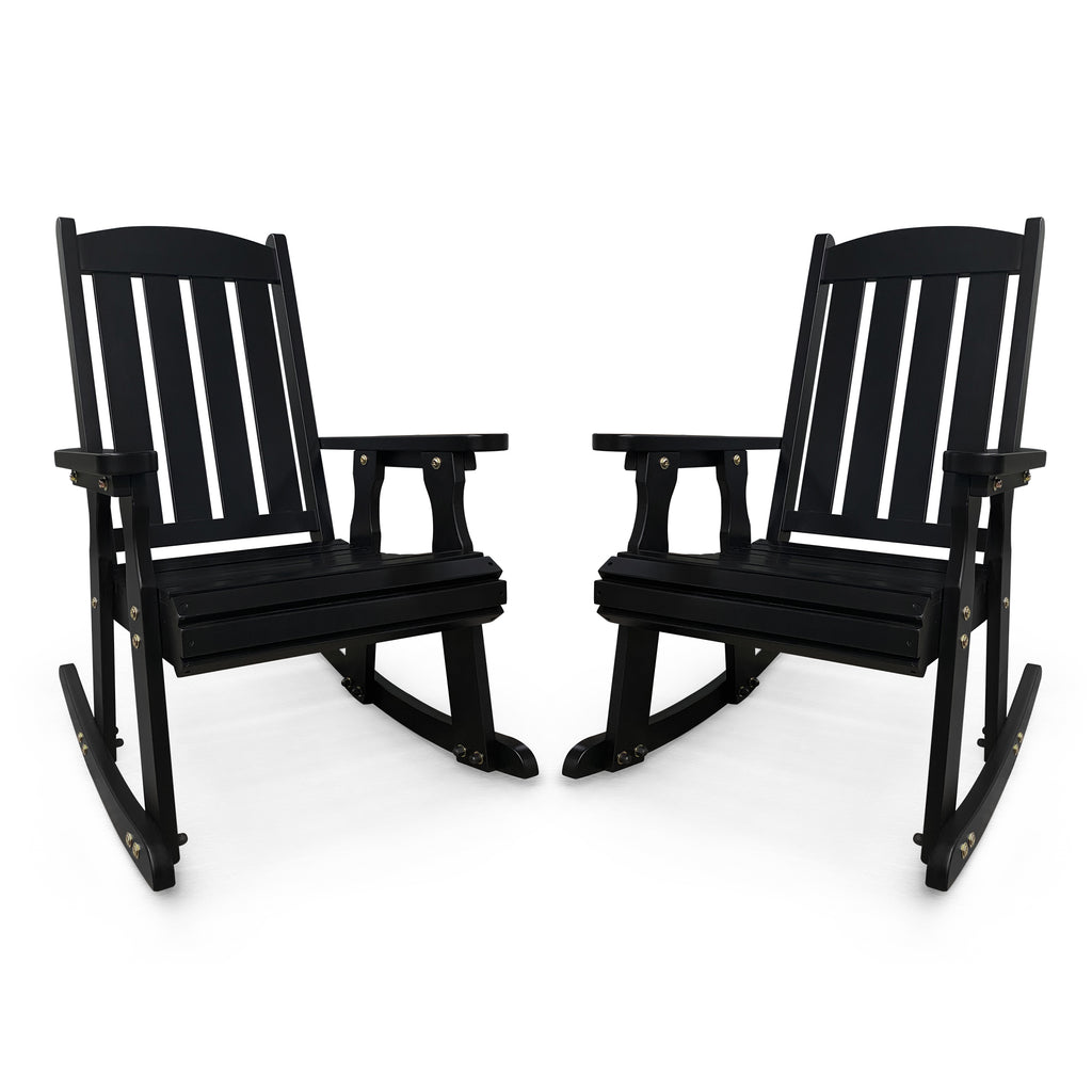 Fortune Candy Wooden Patio Rocking Chair with Comfortable Backrest Inclination, High Backrest and Deep Contoured Seat, Solid Fir Wood, Heavy Duty 600 LBS (Black, 2 Pieces)