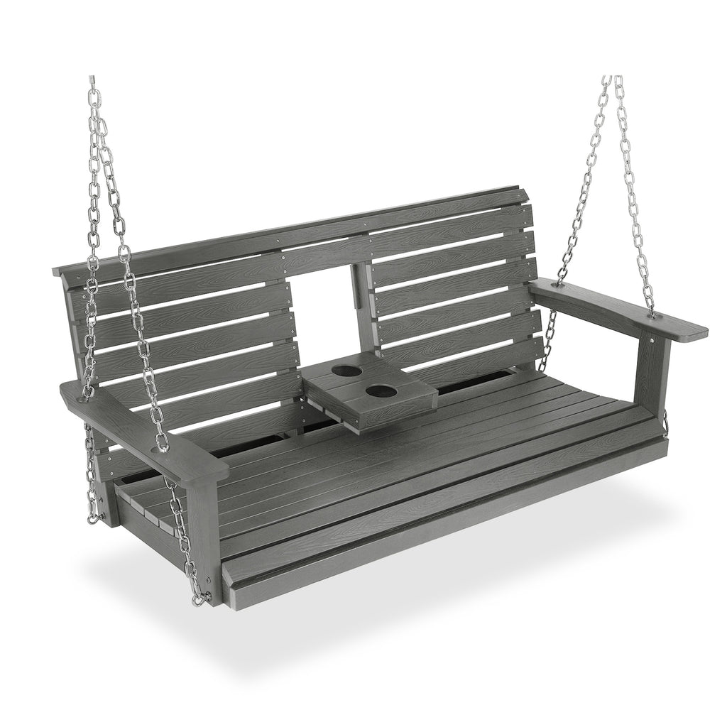 Poly Lumber 3-Seat Porch Swing, HIPS 5-Feet Bench Swing with Foldable Cup Holders,18/8 Stainless Steel Hardware, High Backrest and Deep Contoured Seat (Gray, 5-feet)