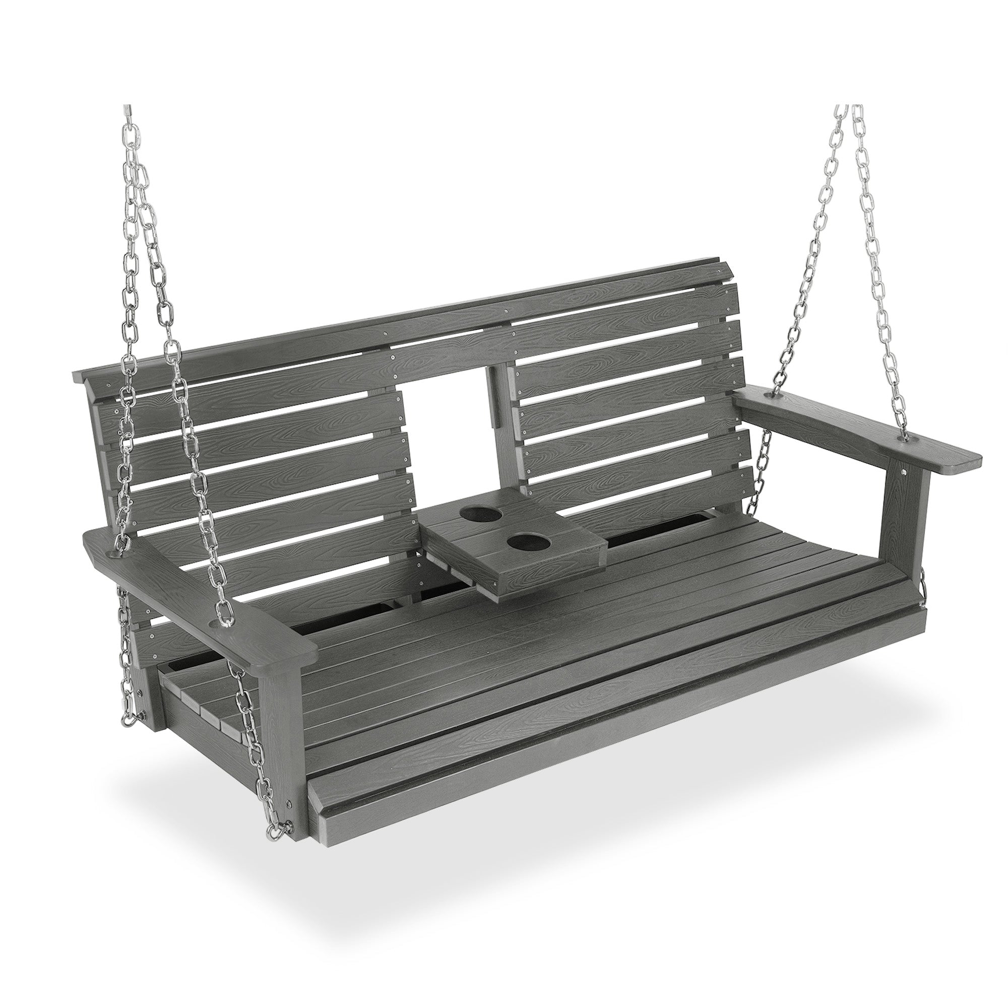 Poly Lumber 3-Seat Porch Swing, HIPS 5-Feet Bench Swing with Foldable Cup Holders,18/8 Stainless Steel Hardware, High Backrest and Deep Contoured Seat (Gray, 5-feet)