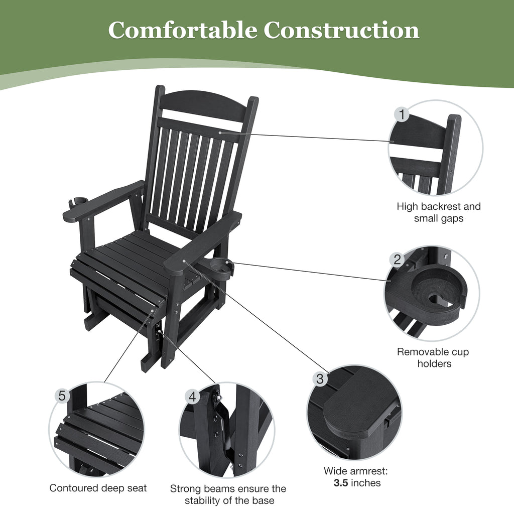 Poly Lumber Patio Glider for One Person, with Cup Holders, High Backrest and Deep Contoured Seat, HIPS Material, All-Weather Resistant, Heavy Duty 700 LBS (Matte Black)