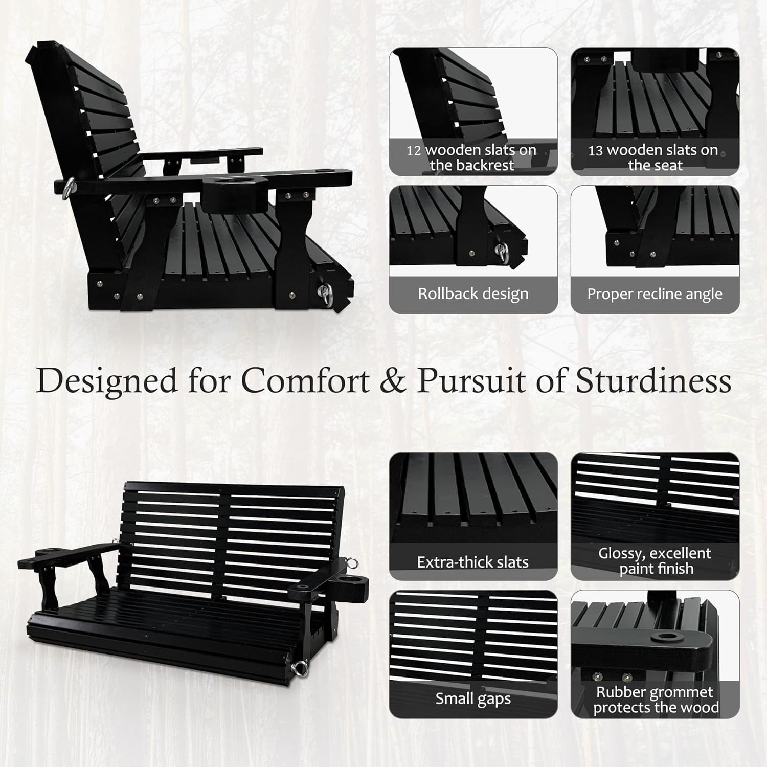 Porch Swing  4 FT Extra Large, Black
