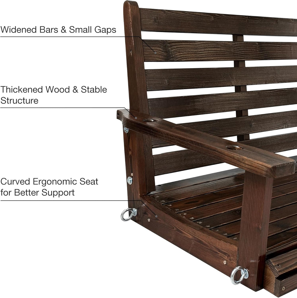 Wooden Porch Swing, Ergonomic Seat, Bench Swing with Hanging Chains and 7mm Springs, Heavy Duty 800 LBS, for Outdoor Patio Garden Yard (Deep Brown, 2-Seater Extra Large)