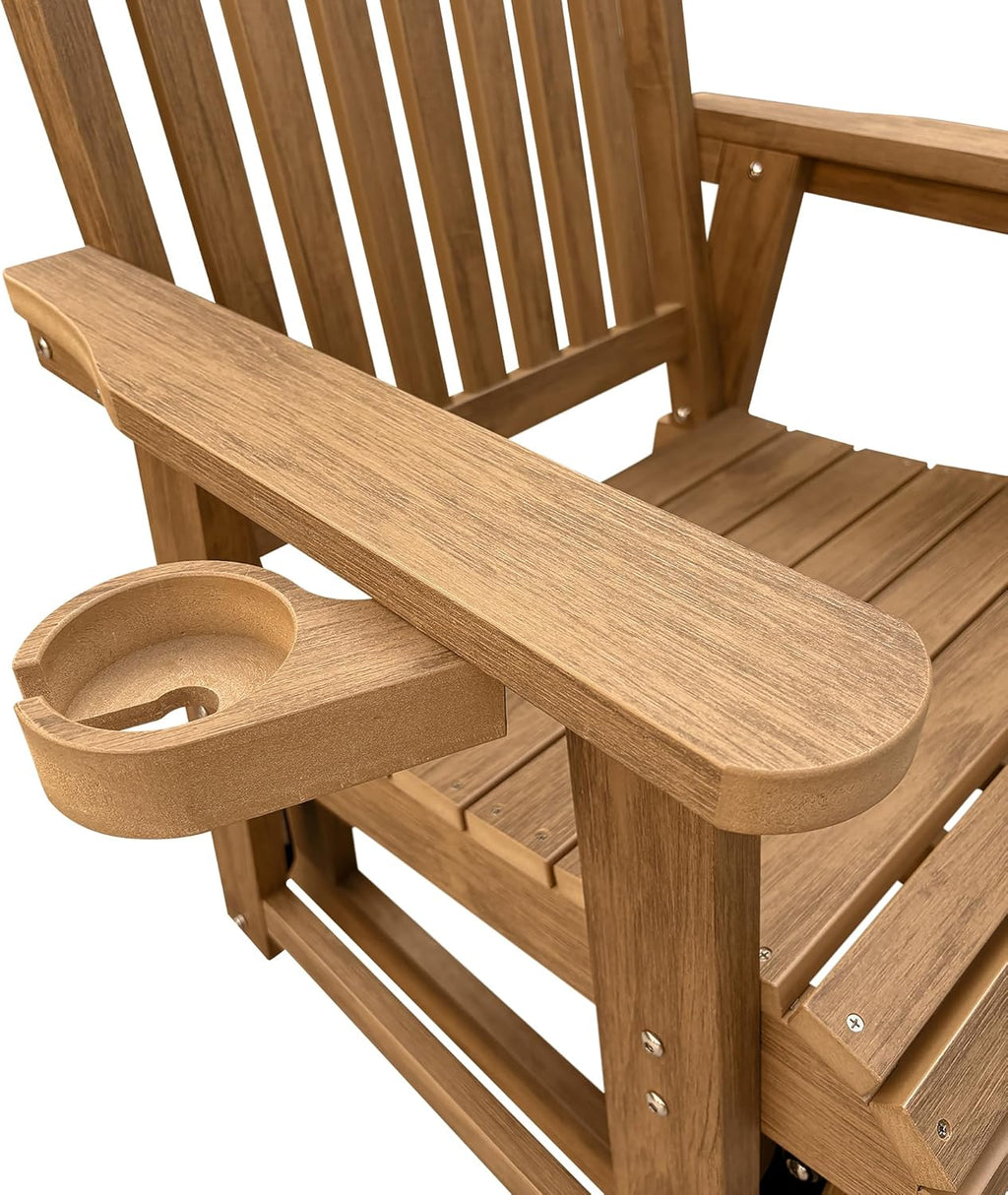 Poly Lumber Patio Glider for One Person, with Cup Holders, High Backrest and Deep Contoured Seat, HIPS Material, All-Weather Resistant, Heavy Duty 700 LBS (Light Brown)