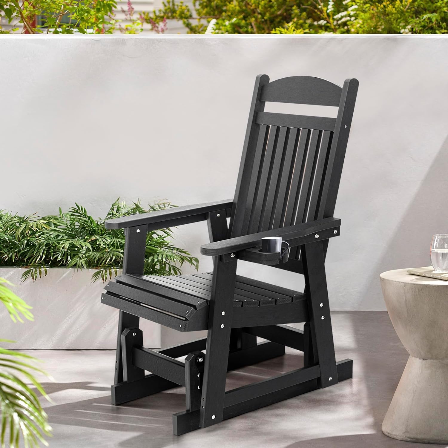 Poly Lumber Patio Glider for One Person, with Cup Holders, High Backrest and Deep Contoured Seat, HIPS Material, All-Weather Resistant, Heavy Duty 700 LBS (Matte Black)