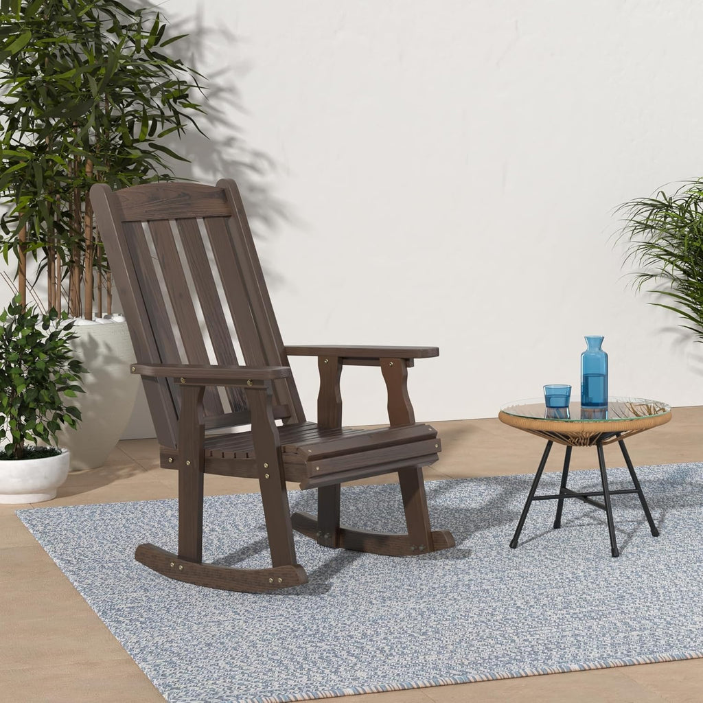 Wooden Rocking Chair with Comfortable Backrest Inclination, High Backrest and Deep Contoured Seat, Solid Fir Wood, Heavy Duty 600 LBS, for Both Outdoor and Indoor, Porch and Patio (Rustic)