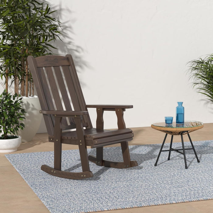 Wooden Rocking Chair with Comfortable Backrest Inclination, High Backrest and Deep Contoured Seat, Solid Fir Wood, Heavy Duty 600 LBS, for Both Outdoor and Indoor, Porch and Patio (Rustic)