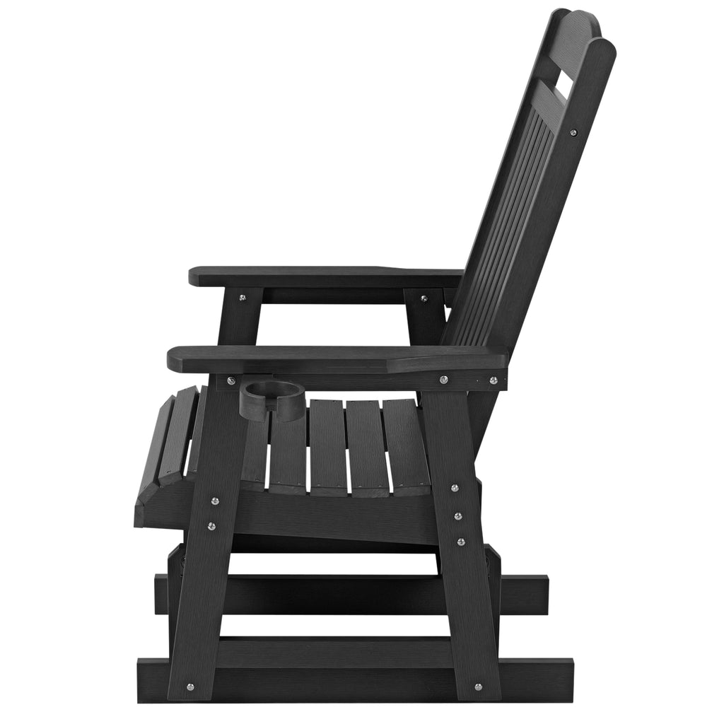 Poly Lumber Patio Glider for One Person, with Cup Holders, High Backrest and Deep Contoured Seat, HIPS Material, All-Weather Resistant, Heavy Duty 700 LBS (Matte Black)