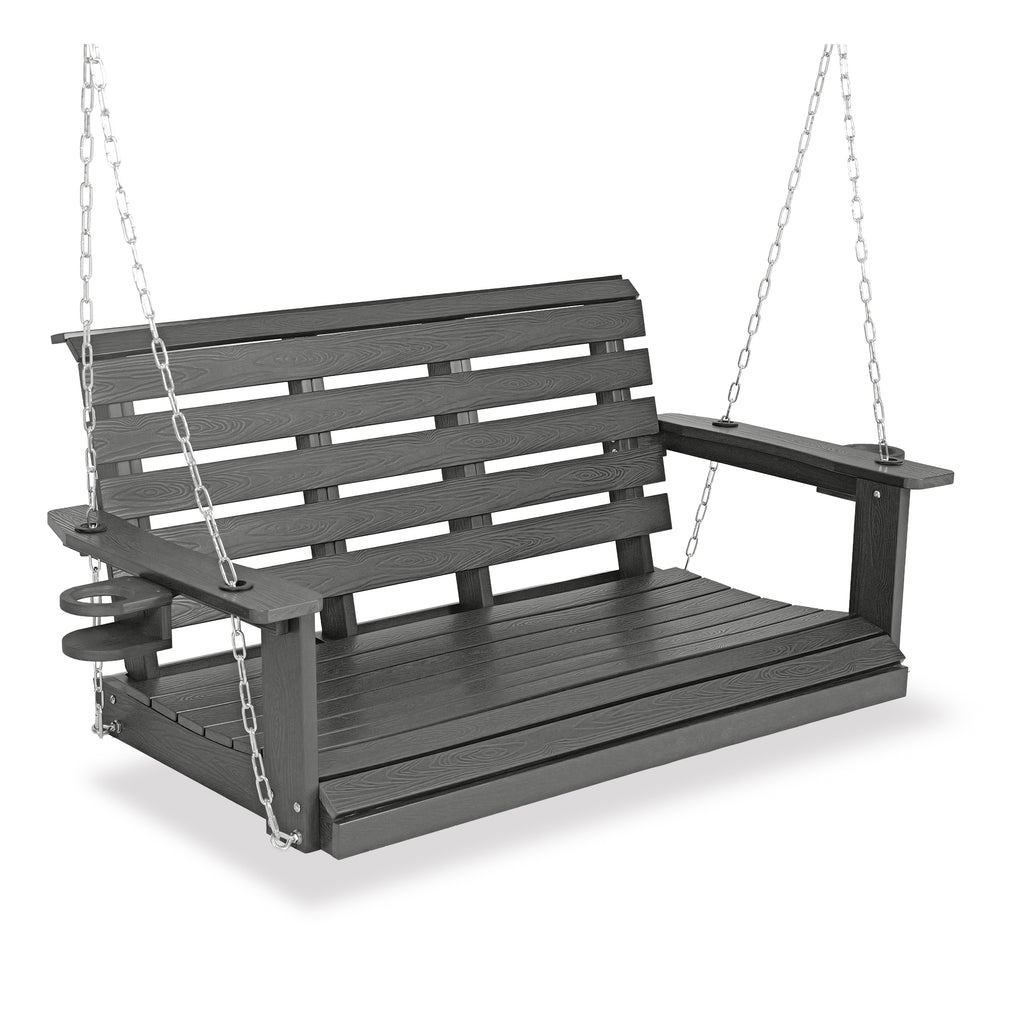 Poly Lumber 2-Seat Porch Swing, HIPS 4-Feet Bench Swing with Foldable Cup Holders,18/8 Stainless Steel Hardware, High Backrest and Deep Contoured Seat (Gray, 4-feet)